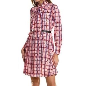 NWOT Gracia Pleated Long Sleeve Tie Neck Mini Dress Sz S Houndstooth Pink Plaid